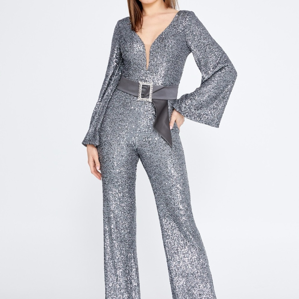 Silver Sequin Jumpsuit with Belt